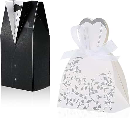 100pcs Cajas para Bombones, Cajas de Boda para Caramelos, Regalo Cajas Papel con Cintas, Decoración para Boda, Regalos de Invitados, Ideal para Navidad,Regalo de Navida(50pcs Novia + 50pcs Novio)