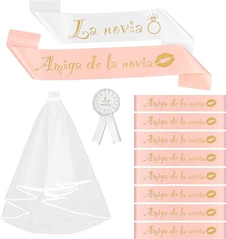 12pcs Despedida Soltera Accesorios Español Velo Novia, Banda de Novia y Amiga de la Novia, Insignia para Novia Decoración Fiesta Despedida de Soltera (12)