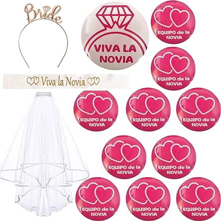 14 Pcs Set Despedida de Soltera Decoración Accessorios Despedida de Soltera Banda Viva la Novia Insignia Novia Broche Equipo de la Novia Velo Nupcial Diadema Tiara Bride to Be Adorno Hen Night