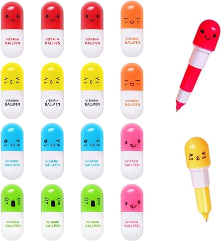 16 mini Píldoras de Vitamina Bolígrafo con Forma de Cápsula con Expresión Kawaii cara Bolígrafo Regalo Retráctil, Bolígrafo Portátil para Escuela, Oficina y Hogar (6 Colores)