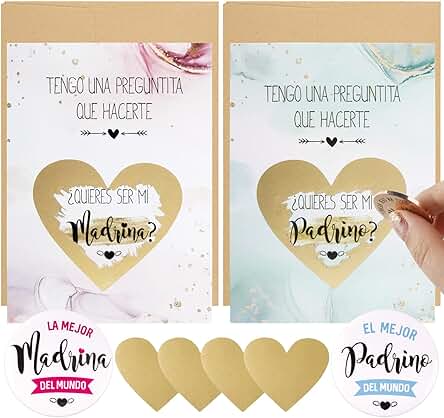 2pcs Quieres Ser Mi Madrina y Padrino Tarjeta Rasca + 2pcs Insignia La Mejor Madrina y Padrino con 2 Sobres Tarjeta Anuncio Embarazo Regalo Sorpresa