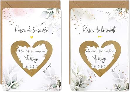 2pcs Tarjeta de Rascar Testigo + 2pcs Sobre Kraft + 2pcs Pegatina Corazon Tarjeta Invitacion de Boda Felicitacion Aniversario Peticion de Testigos Anuncio Boda de Regalo