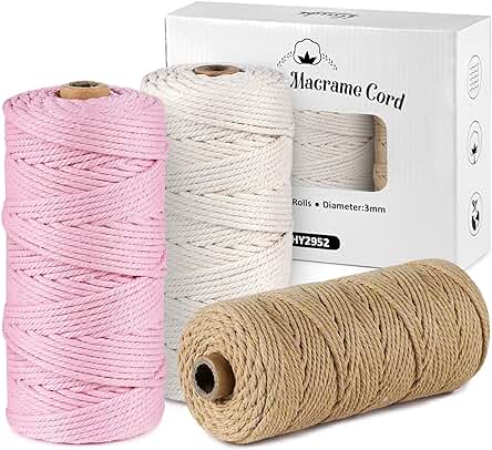 300m Hilo Algodón,ilauke 3 Rollo Macramé de Algodón Natural,Cordel para Panaderos de Macrame 3mm,Colores Hilo de Algodón para Manualidades,Hogar Decoracion,Envoltura Regalos(Beige,Rosa, Amarillo)