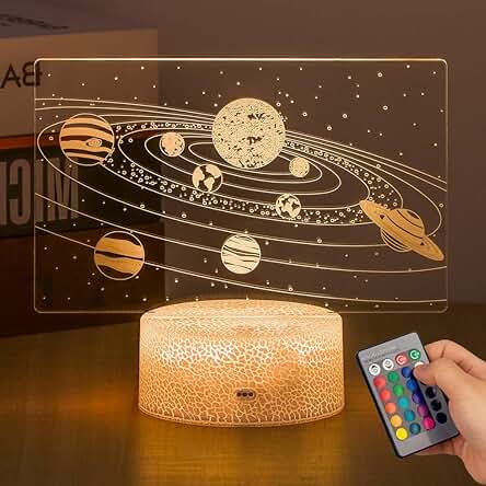 3D LED Lámpara, Luz de Noche 3D Lámpara de Ilusión óptica Universo Space Galaxy Luz Nocturna LED con Control Remoto,Idea Regalos para Navidad, Cumpleaños, Comunión para Niños, Niñas，Sistema Solar