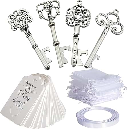 40 Abrebotellas Vintage con Etiqueta de Tarjeta de Acompañante, Bolsas de Organza y Cinta para Recuerdos de Fiesta de Boda, Decoración Rústica, Color Plateado