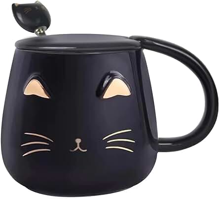 450ml Taza Gato Linda Taza de Café de Cerámica con TapaCuchara, Cuchara, Novedad Copa de la Mañana Té Leche Jarra RegaloAnimales 3d Tazas de Gatos para Amantes de los Gatos Mujeres Regalos-Negro