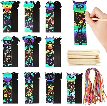 50pcs Papel de Rascar Papel Scratch Art con 25pcs Lápices de Madera Marcadores Libros Marcapaginas Animal Colores Manualidades Creativas Dibujar de Rascar para Niños Regalo Detalle de Cumpleaños