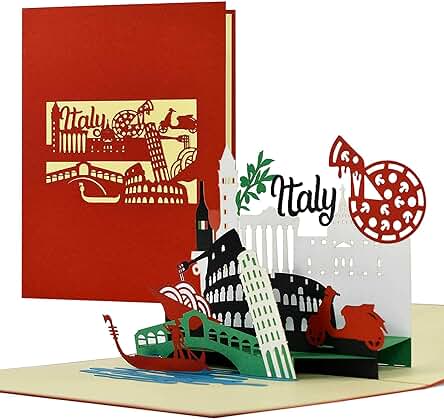 A123AMZ Vale de Viaje a Italia, Roma, Venecia en Formato de Tarjeta Desplegable en 3D con Diseño de Paisaje Urbano de Italia, bono de Hotel para ella o él