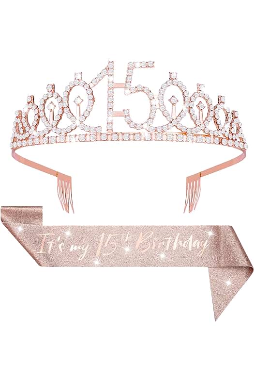 Abeillo Abeillo Faja y Tiara "It's my 15th Birthday" para Niñas, Corona de Cumpleaños de oro rosa 15 y Fabulosa Decoración de Banda de Satén para Regalos de Cumpleaños 15 para Fiesta de Cumpleaños 15 (15)
