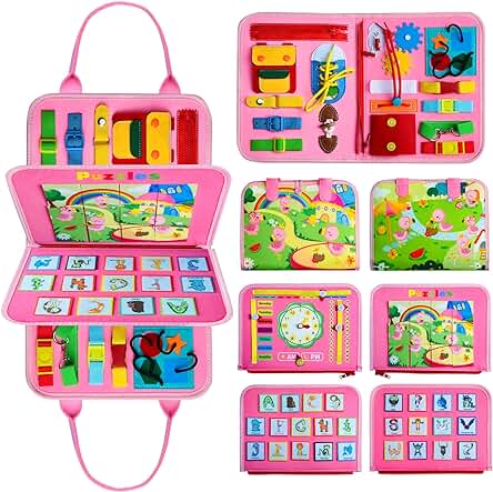 Achiyway 4 Capas Tablero Sensorial Montessori, Busy Board Montessori para Niños 1 2 3 4 Años, Juguetes Educativos para Aprender a Vestir y Habilidades Motoras Finas, Regalo para Niña de 1 a 4 Años