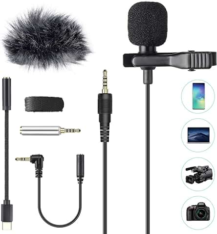 AGPTEK Micrófono de Solapa con Parabrisas, Z02C Lavalier Micrófono Omnidireccional con 3 Adaptadores, 2M Cable para Smartphones, PC, Videocámaras, Negro