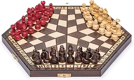 Ajedrez de Madera Husaria para Tres Jugadores - 32 Centimetros - con Tablero Plegable, Piezas de Juego Hechas a Mano y Almacenamiento Forrado de Fieltro