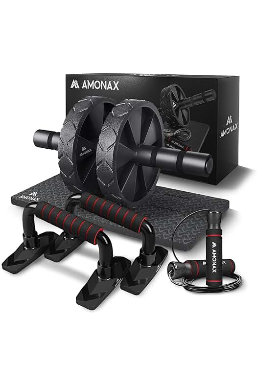 Amonax Ejercicio en casa kit (juego de Soportes para Flexiones, Rueda Abdominales, Cuerda Saltar), Fitness Aparatos de Gimnasia, Equipo de Entrenamiento de Fuerza, Musculacion Pesas Calistenia