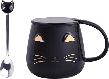 AMZPDD Bonita taza de Cerámica con Motivo de Gato, Simpático gato con Tapa, Cuchara con pata de Gato, Posavasos de Estilo Kawaii, para Café, té, Leche, 400 ml (Negro)