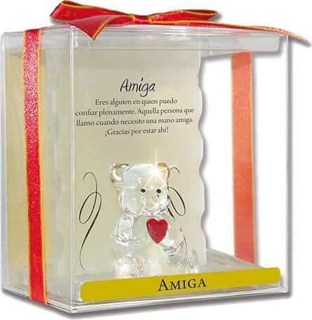 Angel n Bear Modelo Amiga. Osito de Cristal Sobre un Pedestal, con un Corazón Rojo, y una Frase Especial para tu Mejor Amiga. Regalo Decorativo para Grandes Amigas