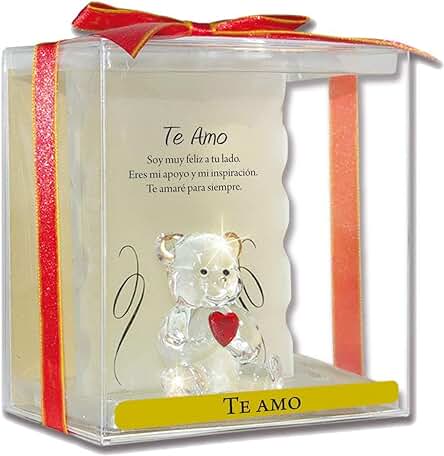 Angel n Bear Modelo Te Amo. Osito de Cristal Sobre un Pedestal, con un Corazón Rojo, y una Frase Muy Especial para Alguien Amado. Regalo Decorativo y Romántico para Parejas, tu Novio o Novia