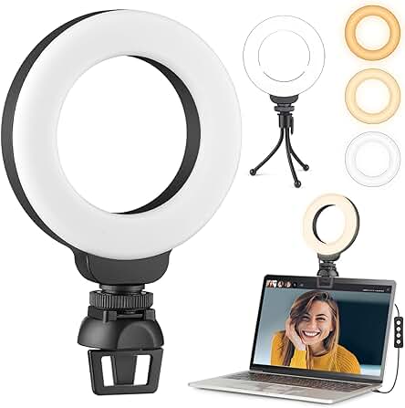 Anillo de Luz Videoconferencia, 4" Aro de Luz con Trípode y Clip para Laptops, Webcam, Cámaras y Teléfonos Móviles, 3 Modos de Iluminación y 10 Brillos