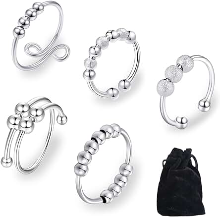 Anillos de Ansiedad con Cuentas para Mujer, Anillos de dedo Abiertos, Anillos de Plata Ajustables, para Aliviar el Estrés, para Mujeres y Hombres