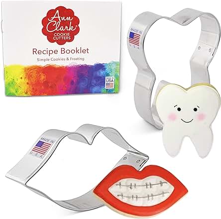 Ann Clark Cookie Cutters Juego de 2 Cortadores de Galletas Dulce Sonrisa/dentista con Libro de Recetas, boca y Muela