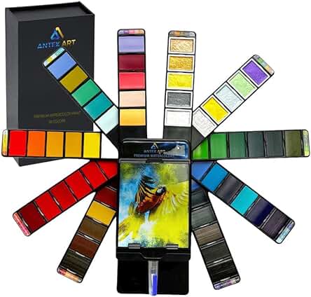 ANTEK ART Pinturas Acuarelas Premium Set (incl. Acuarelas Metalizadas, Estuche Portátil con Paleta, Pincel de Depósito de Agua), Regalo para Artistas, Pintores (56 Colores)