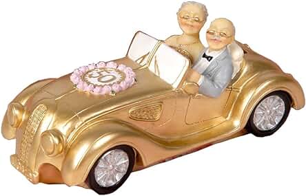 Aoneky Figura de Bodas de Oro para Pastel Tarta - Figura de Pareja en Coche para 50 Aniversario, Regalo Original para Padres Abuelos, Decoración de Resina para Pastel Tarta, Color Dorado