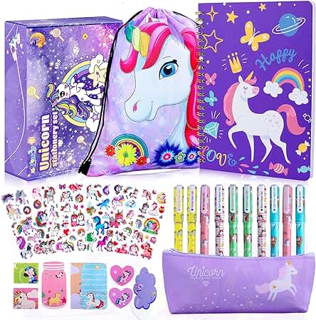 Aovowog Juego de Papelería de Unicornio Regalo para Niñas Cuaderno de Unicornio 10 Bolígrafos Estuche de Lápices Morado Bolsa Portátil Regalos de Cumpleaños para Niños 5 6 7 8 9 10 11 Años