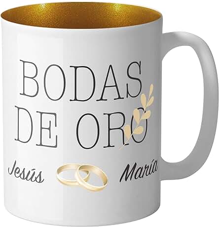 AR Regalos Taza Bodas de Oro Personalizada - Regalos para Bodas de Oro - Regalos 50 Aniversario de Boda