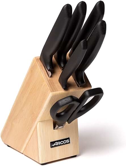 Arcos Juego de Cuchillos de Cocina. 6 Piezas con Bloque. 5 Cuchillos chef y 1 Tijeras Acero Inoxidable. Mango de Polipropileno para Cortar Carne, Pescado y Verduras. Serie Niza. Color Negro.