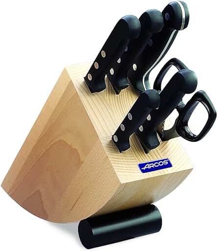 Arcos Serie Universal - Juego de Cuchillos de 6 Piezas en Caja de Regalo (5 Cuchillos + 1 Tijeras), Hoja de Acero Inoxidable NITRUM, Mango de Polioximetileno (POM), Bloque de Madera, Color Marrón