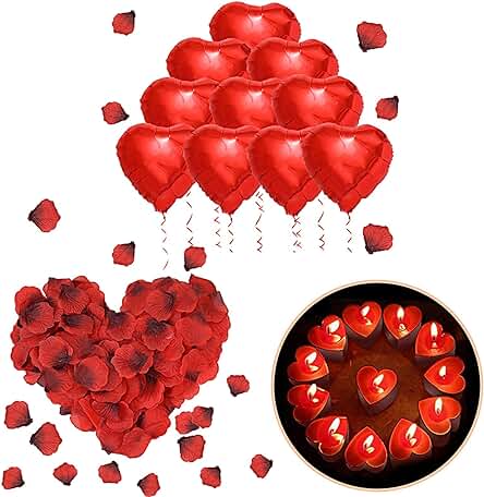 ASANMU Kit Romántico de Velas y Pétalos, 1000 Piezas Pétalos de Rosa + 50 Rojo Velas en Forma de Corazón + 10 Foil Globos Corazón Rojo Decoración para Navidad, San Valentín, Aniversarios y Compromiso