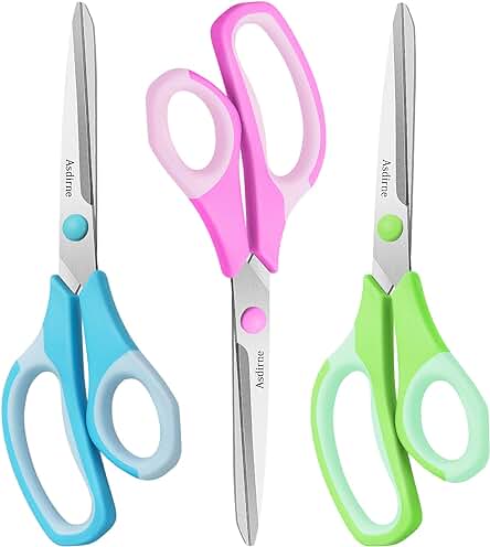 Asdirne Tijeras, Tijeras Multiusos, Cuchillas de Acero Inoxidable Ultra Afiladas, Agarre Cómodo, Ideal para Oficina, Escuela, Manualidades y uso Diario, Azul/rosa/verde, Paquete de 3