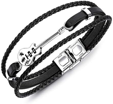 ATEIELLI Pulsera Guitarra Cuero PU Negro Marrón Acero Inoxidable JWB306