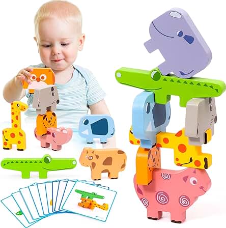 Atoylink Montessori Juegos de Apilamiento 1 2 3 Años Apilable Animales Bloques de Construcción Juego de Equilibrio Juguete de Madera Juguetes Educativos para Bebés Niños 1 2 3 4 Años