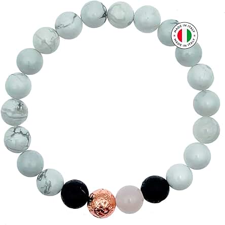 AURA ZEN Pulsera de Aromaterapia para Mujer Hombre, Hecha a mano en Italia con Piedras Naturales de 8 mm, Difusor de Aceite Esencial, Howlite, Piedra Volcánica y Cuarzo Rosa, idea de Regalo Alivia el AURA ZEN Pulsera de Aromaterapia para Mujer Hombre, Hecha a mano en Italia con Piedras Naturales de 8 mm, Difusor de Aceite Esencial, Howlite, Piedra Volcánica y Cuarzo Rosa, idea de Regalo Alivia el