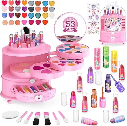 Balnore Maquillaje para Niñas, 53 Piezas Maletin Maquillaje Niñas Lavable Set Maquillaje Niña Juguetes Niña 3 4 5 6 Años Regalo para Cumpleaños Halloween Carnaval Navidad