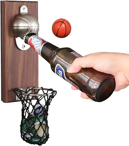 BelonLink Abrebotellas de Pared Vintage, Abridor de Botellas de Madera con Estilo Retro, Magnético Gorra de Baloncesto Banda, Abrelatas Colgante y Tenedor de la Tapa (baloncesto)