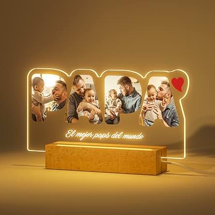 Bemaystar Lámpara Papá Regalo Dia del Padre - Ideas para Regalar a Papa, Regalos Originales para Padres, Marco de Fotos LED de 18 x 22, Luz Nocturna USB, Base Luminosa de Madera Opcional