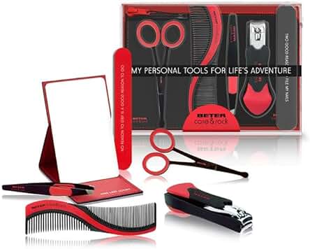 Beter - Kit Estuche de Manicura para Hombre - Set de 7 Piezas con Tijera, Espejo, Lima de Uñas, Cortauñas, Peine Doble, Pinza de Depilar y Neceser - Ideal para Regalo