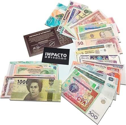 Billetes de Colección - Incluye 50 Billetes Auténticos Diferentes - Dinero del Mundo - Coleccionable con Certificado de Autenticidad - Impacto Billetes de Colección - Incluye 50 Billetes Auténticos Diferentes - Dinero del Mundo - Coleccionable con Certificado de Autenticidad - Impacto