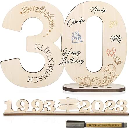 BOFUNX 2023 Tarjeta Felicitación 30 Años de Cumpleaños Libro de Visitas Tarjeta Felicitación de Madera+Bolígrafo Regalo Decoración Número 30 de Fiesta Feliz Cumpleaños Aniversario para Mujer Hombre