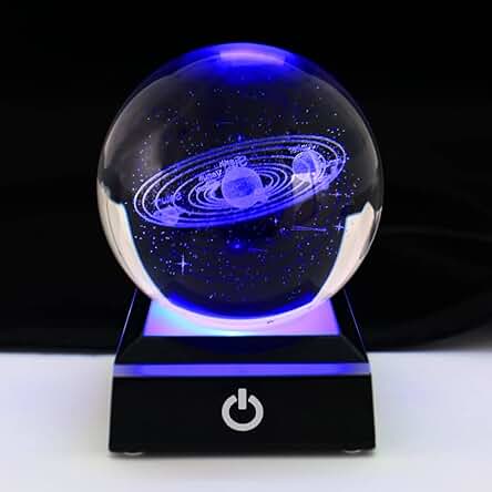 Bola de Cristal 3D Sistema Solar/Vía Láctea 8cm/6cm Modelo de Planetas Globo con base de luz LED Adorno Decoración del Hogar Astronomía Regalos Educativos de Navidad (Sistema Solar Base Negra,8cm)