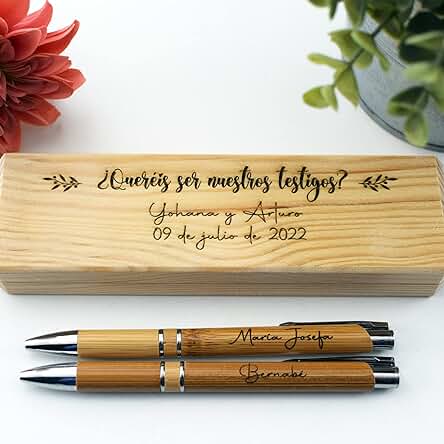 Bolígrafos Personalizados con caja de Madera Grabada Testigos de boda DOBLE