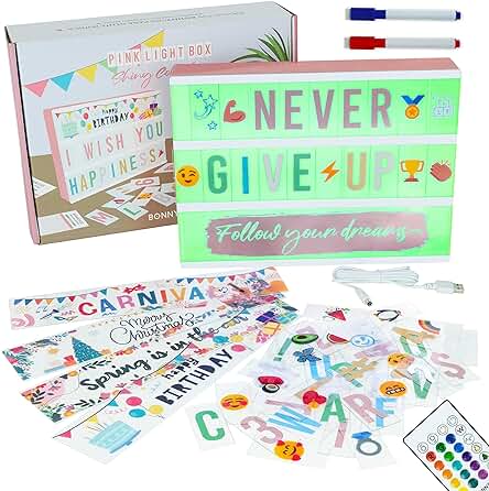 BONNYCO Caja de Luz A4 Oro Rosa 16 Colores con 400 Letras y Emojis, 10 Tarjetas Premium, Mando 2 Rotuladores Ñ y Ç | Cartel Luminoso LED Regalos Originales para Mujer Regalos para Niñas Navidad