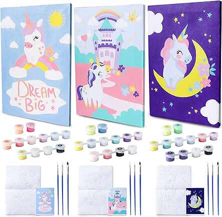 BONNYCO Pintar por Numeros Niños Unicornios, Pack 3 Lienzos Unicornios para Niñas, Kit Manualidades para Niñas, Juguetes Regalos para Niñas | Dibujos para Pintar con Numeros Unicornio Juguete