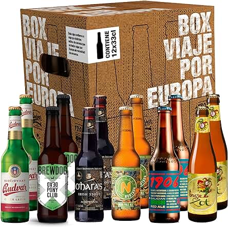 Box Viaje por Europa - Pack de Degustación de Cervezas Europeas,12 x 33 Cl,Incluye: Irish Stout,Belgian Blond Ale,IPA,Session IPA,Czeck Lager y 1906 Galician Irish Red