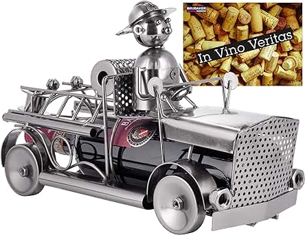 BRUBAKER Soporte para Botellas de Vino de la Brigada de Bomberos - Escultura Metálica de Un Camión de Bomberos - Figura Metálica de 32 Cm. para Regalo de Vino para Bomberos y Bomberas
