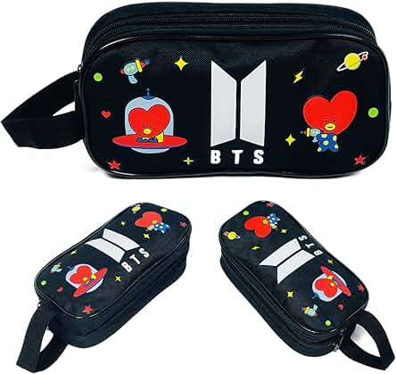 BTS Estuches Escolar, Estuche Grande Plumier, 2 Compartimentos Estuches de Lápices, Estuche Tela Estuche Organizador Portalapices Neceser Maquillaje Regalos para Niñas Niños en Escuela Oficina(negro)