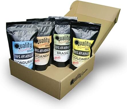 Café Molido. Quality Roasters Coffees. 100% Arabica. Pack Regalo y Degustación. Molido Fino. 4 Orígenes: Colombia, Uganda, Brasil, Honduras. 4x250g. Tostado Artesanal.