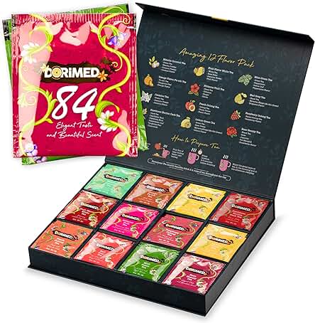 Caja de Degustación de Tés – Variedad de 12 Tés e Infusiones Aromatizadas (84 Bolsas Individuales) – Té Negro/Blanco/Verde/Matcha/Earl Grey/Oolong/Pu-Erh – Caja de Regalo - Tisanas