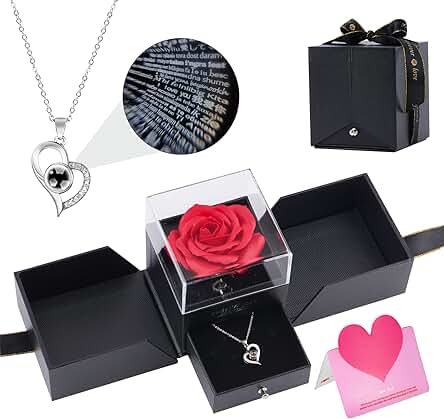 Caja de Rosas de Amor y Collar de Corazón, Regalos Romantico Originales para Mujer Cumpleaños San Valentin Aniversario, Rosa Dia de la Madre